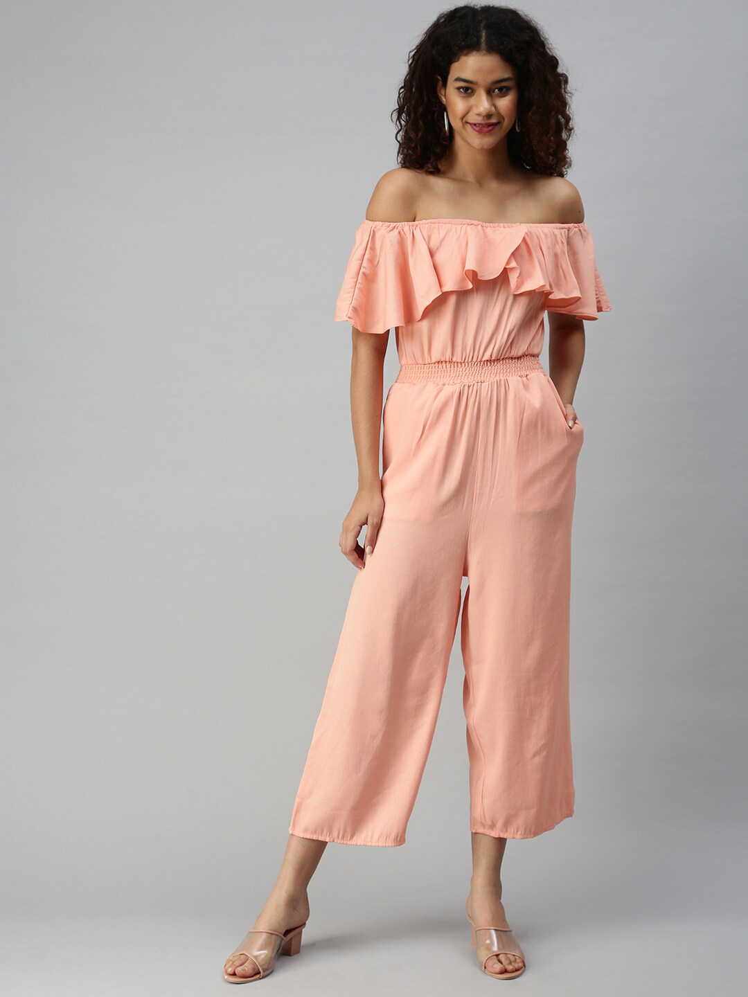 

SHOWOFF Cotton Off-Shoulder Gathers Basic Jumpsuit, Peach