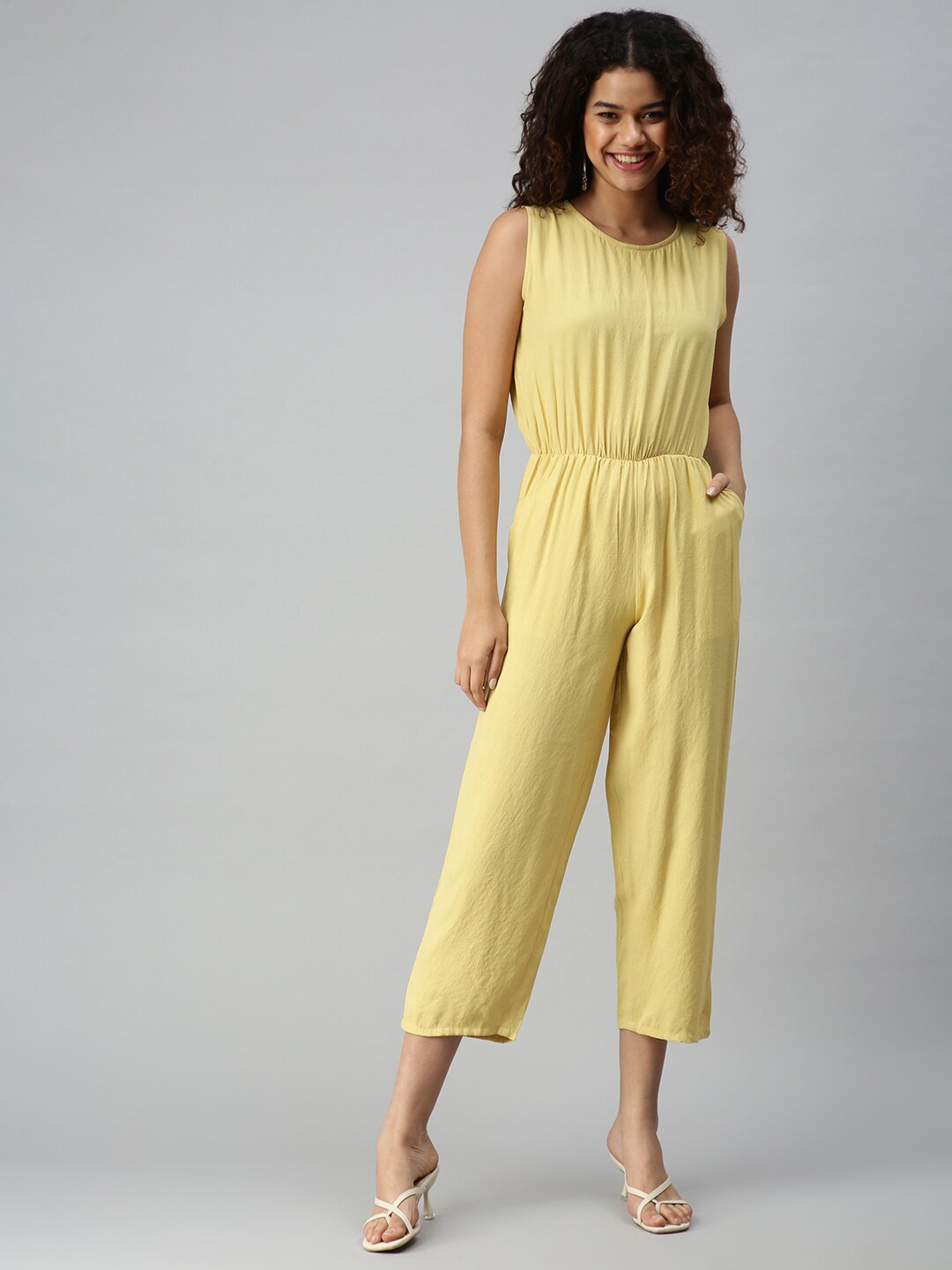 

SHOWOFF Women Round Neck Cotton Basic Jumpsuit, Yellow