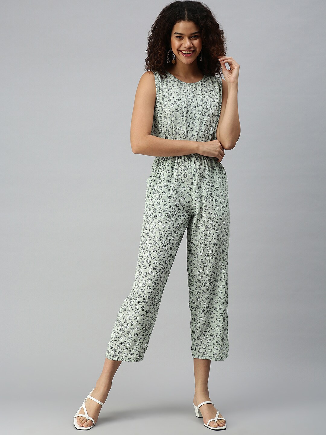 

SHOWOFF Women Round Neck Printed Basic Jumpsuit, Sea green
