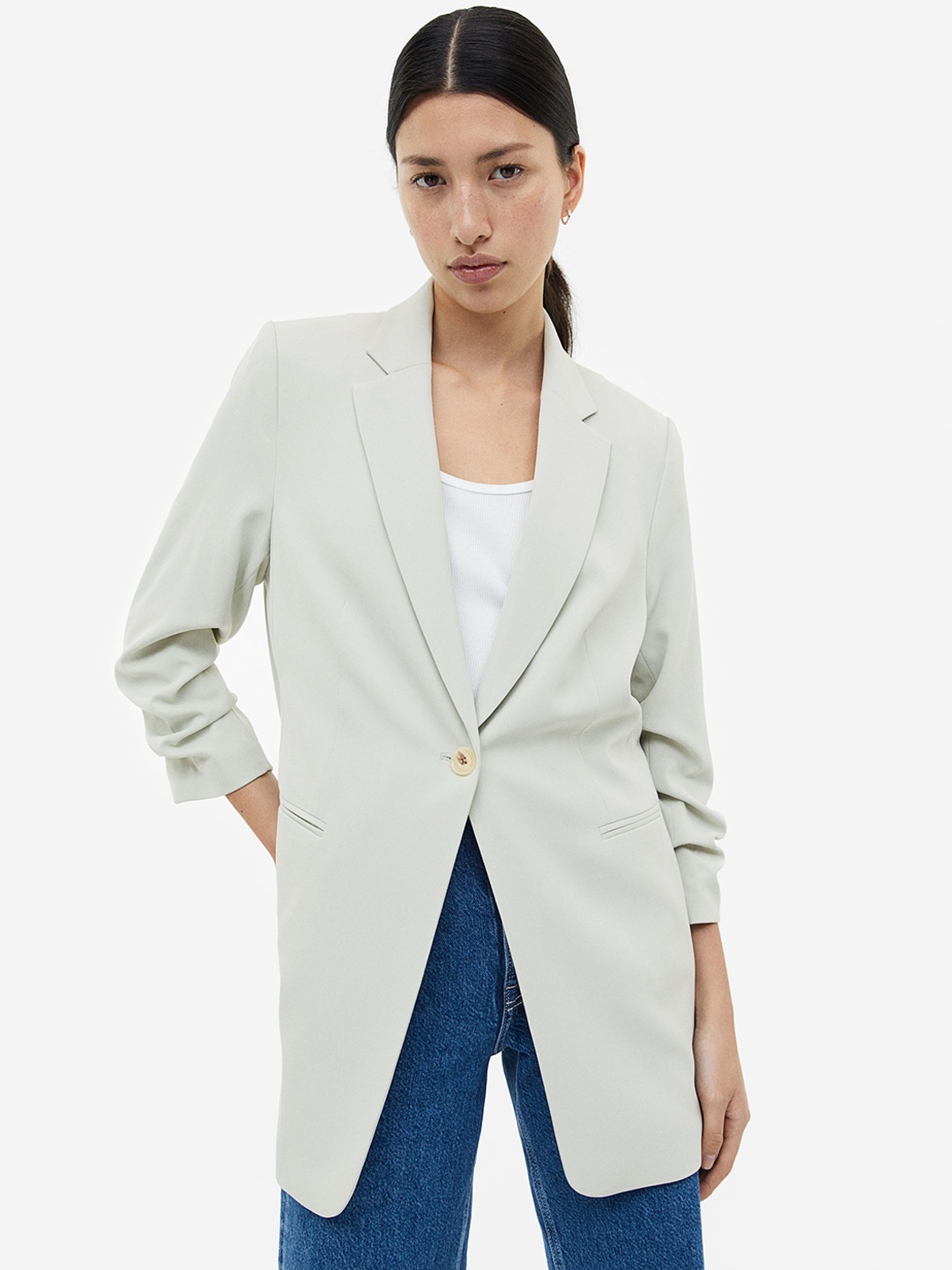 

H&M Gathered-Sleeve Jacket, Green