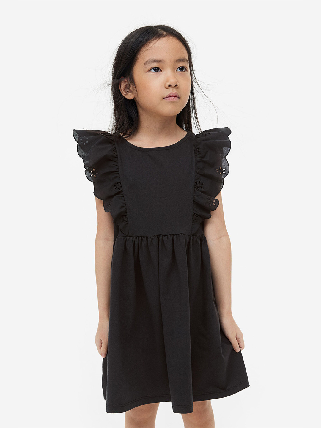

H&M Girls Flounce-Trimmed Pure Cotton Jersey Dress, Black