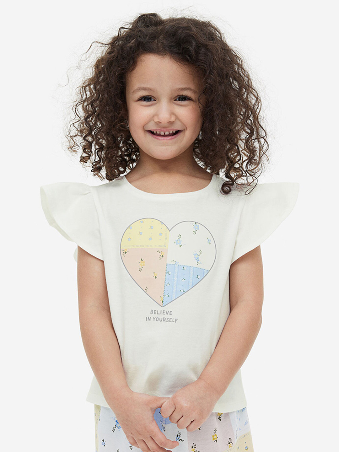 

H&M Girls Flutter-Sleeved Pure Cotton Jersey Top, White