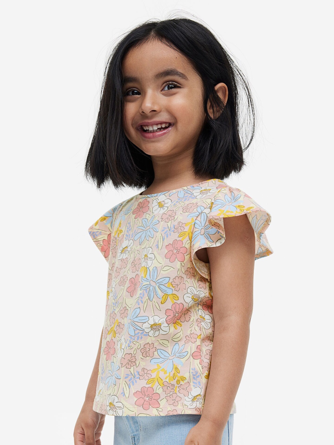 

H&M Girls Flutter-Sleeved Pure Cotton Jersey Top, Multi