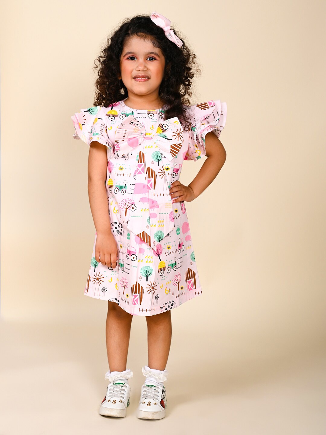 

LIL PITAARA Girls flutter Sleeve Conversational Printed Pure Cotton A-Line Dress, Pink