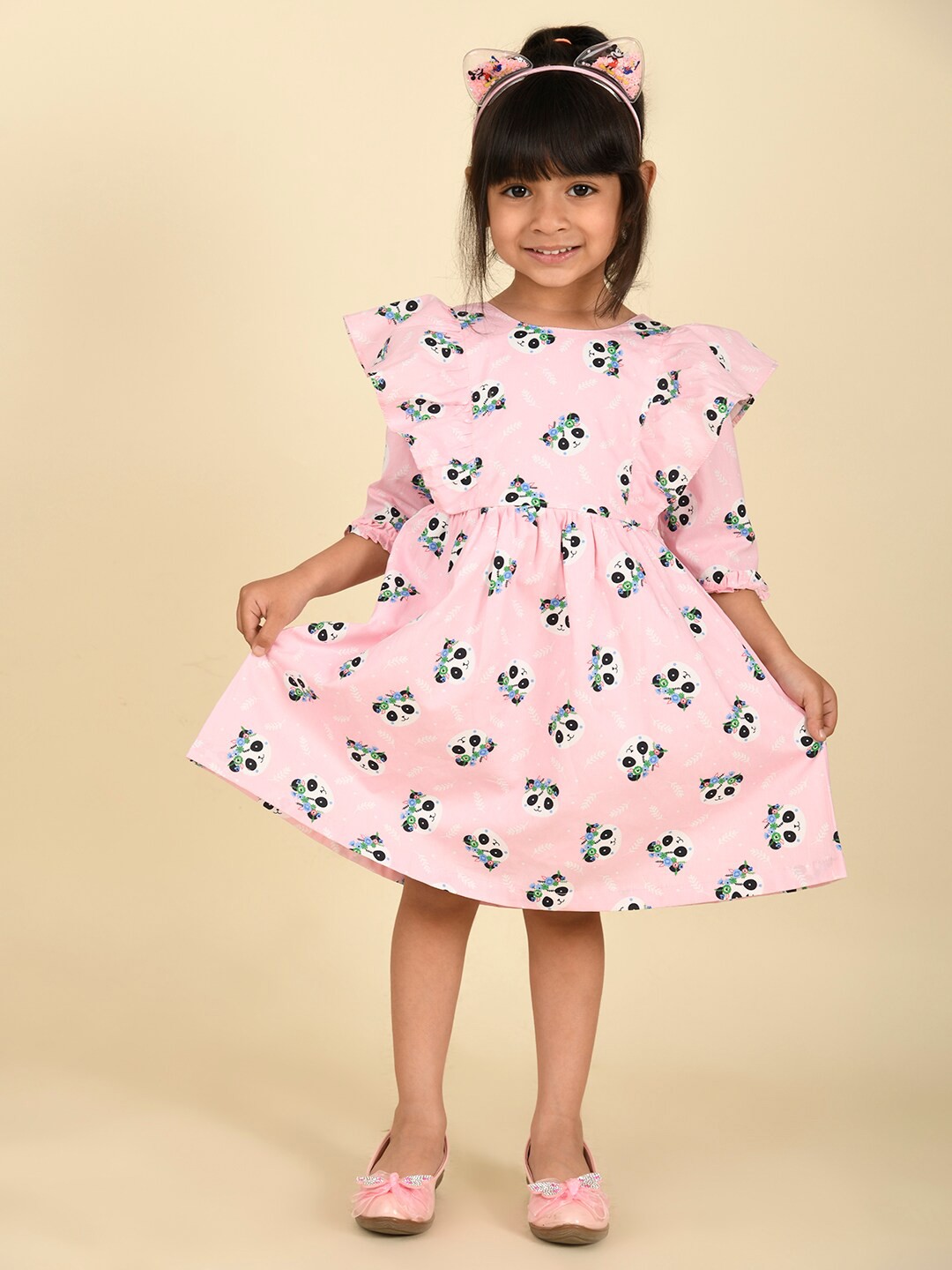 

LIL PITAARA Girls Boat Neck Conversational Printed Ruffles Cotton Fit & Flare Dress, Pink