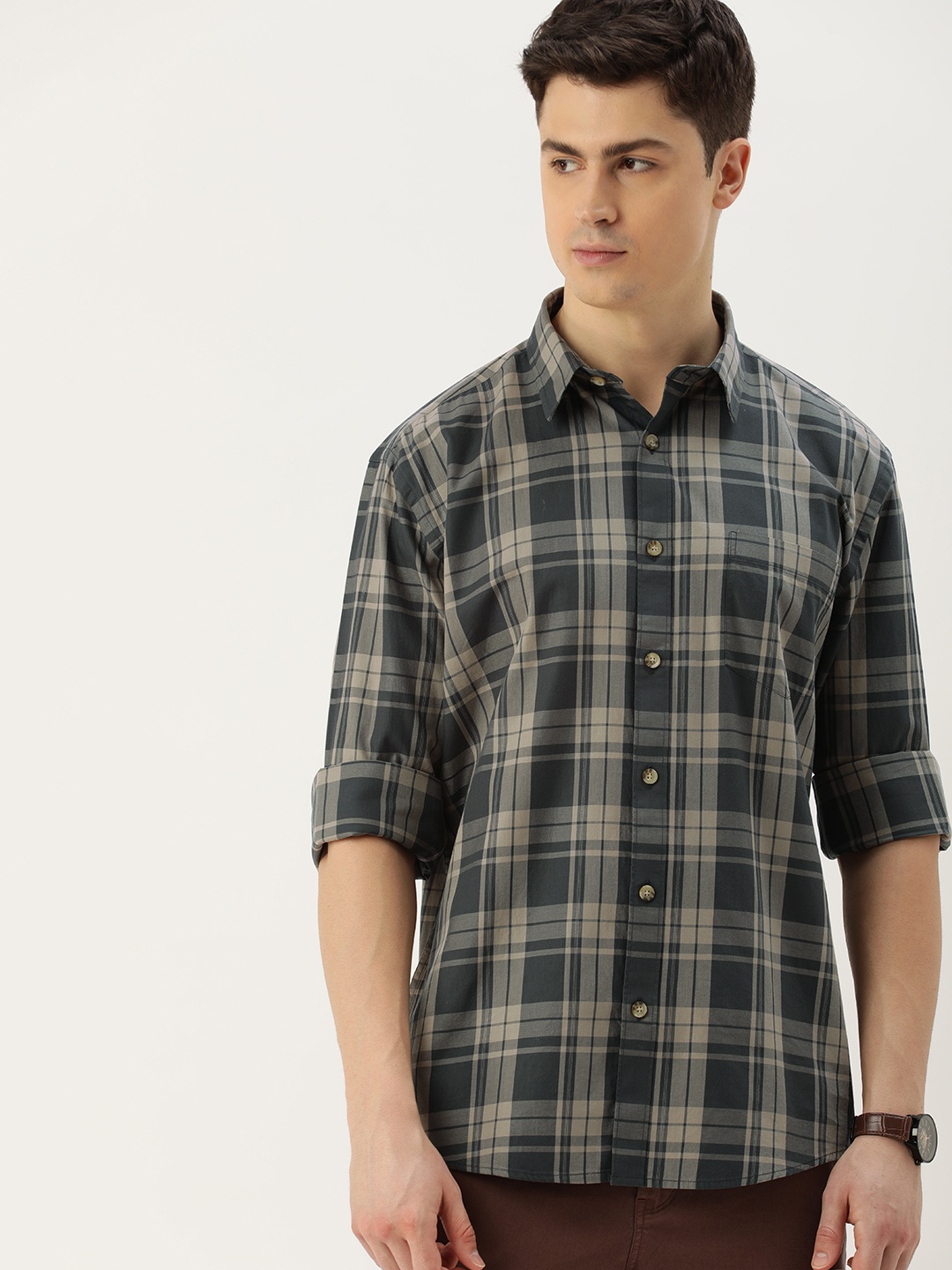 

Burnt Umber Men Standard Gingham Checks Opaque Checked Casual Shirt, Beige