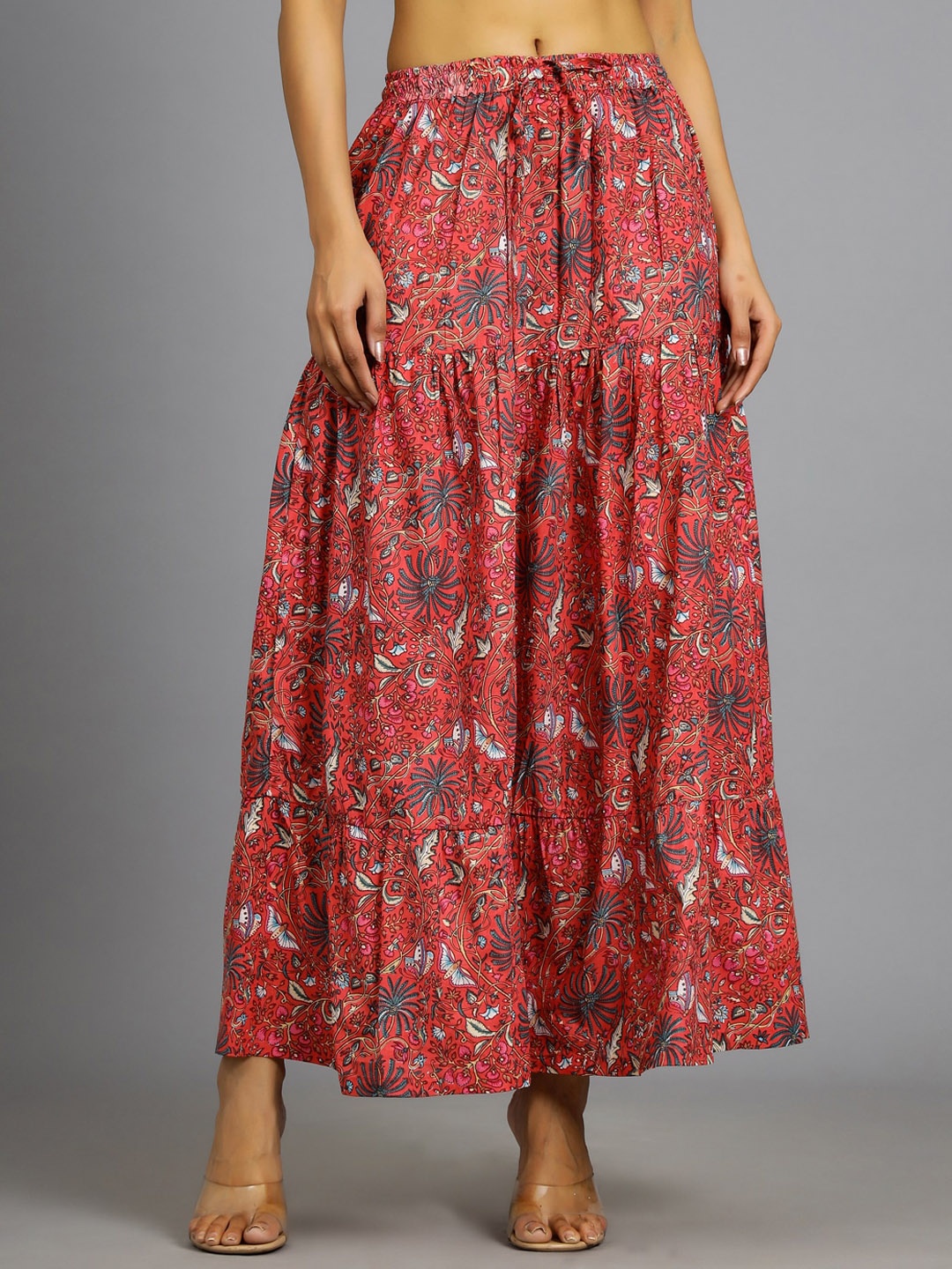 

HANDICRAFT PALACE Printed Maxi-Length Pure Cotton Skirt, Red