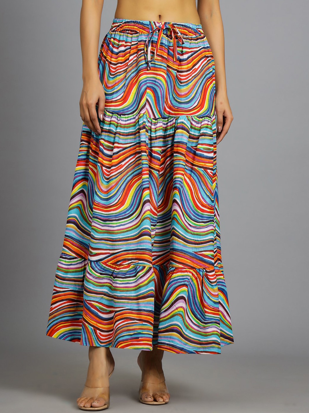 

HANDICRAFT PALACE Printed Pure Cotton Tiered Flared Maxi Skirt, Blue