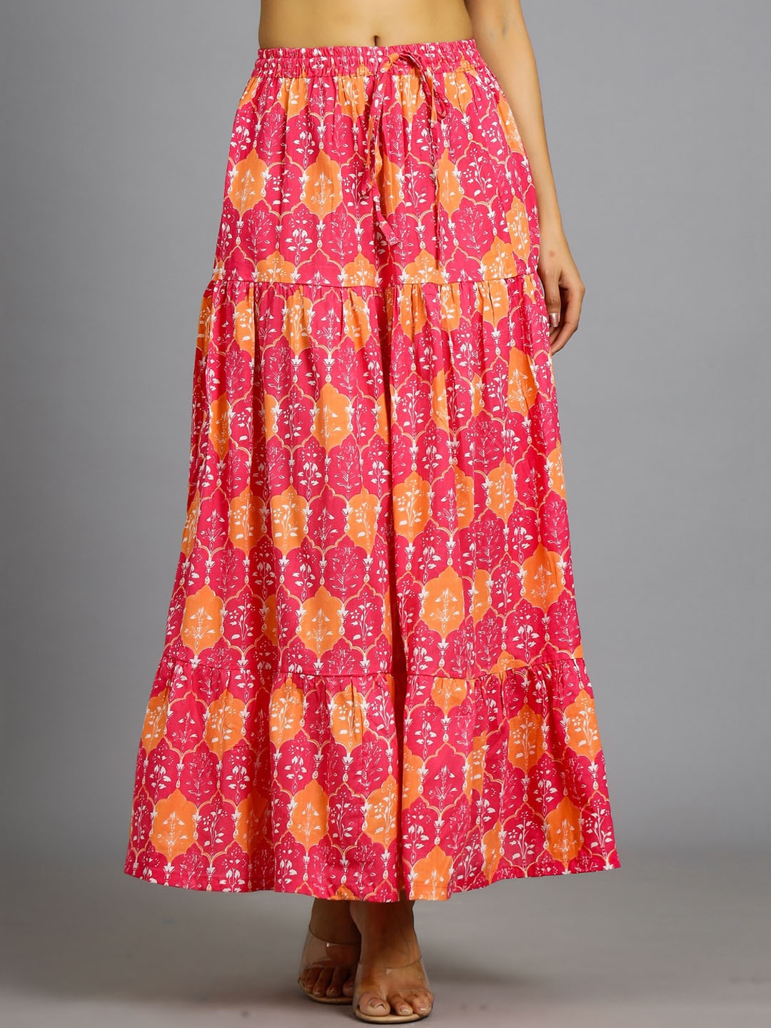 

HANDICRAFT PALACE Printed Pure Cotton Tiered Maxi Skirt, Pink