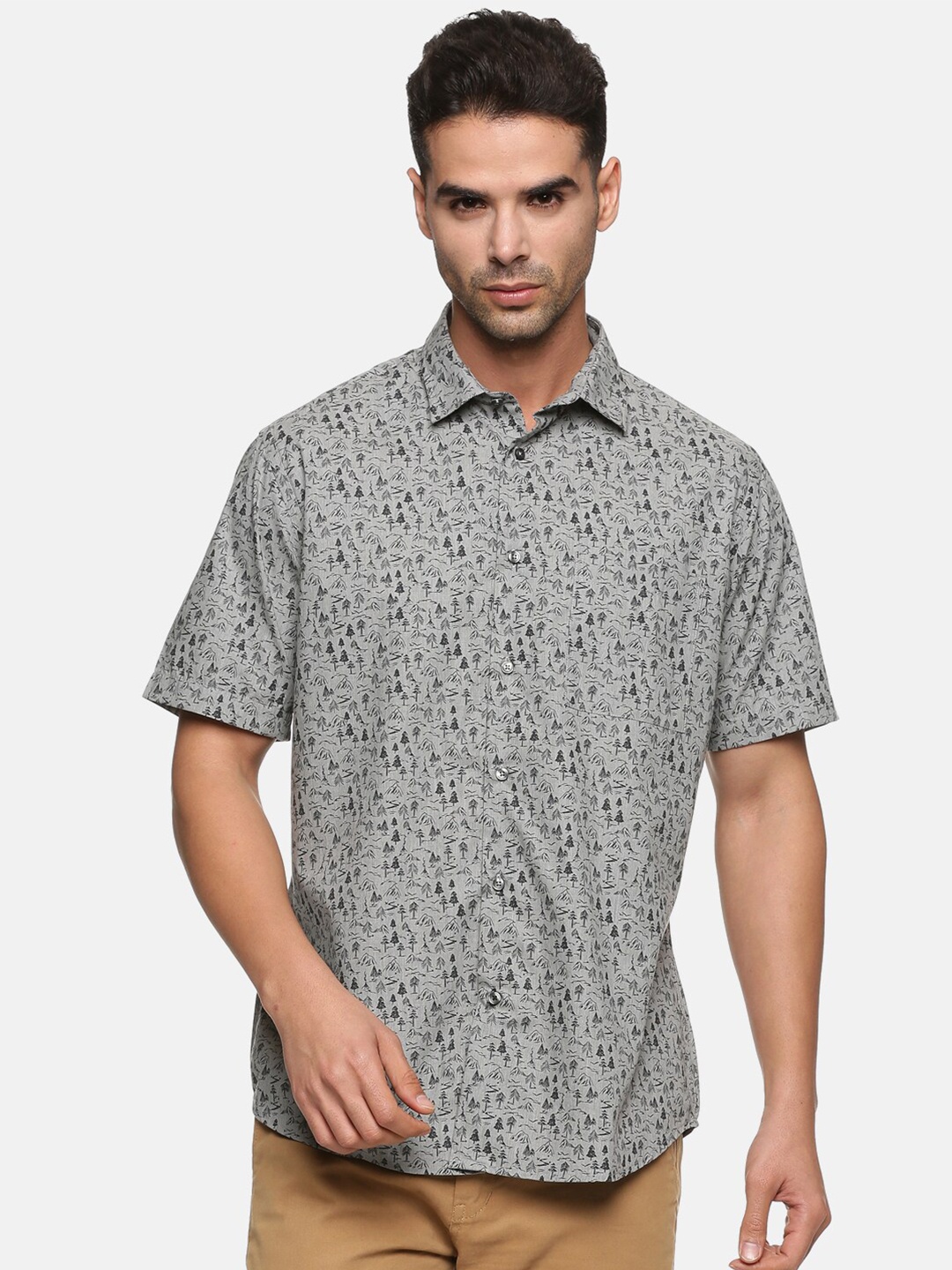 

DON VINO Relaxed Tropical Printed Flannel Cotton Casual Shirt, Grey
