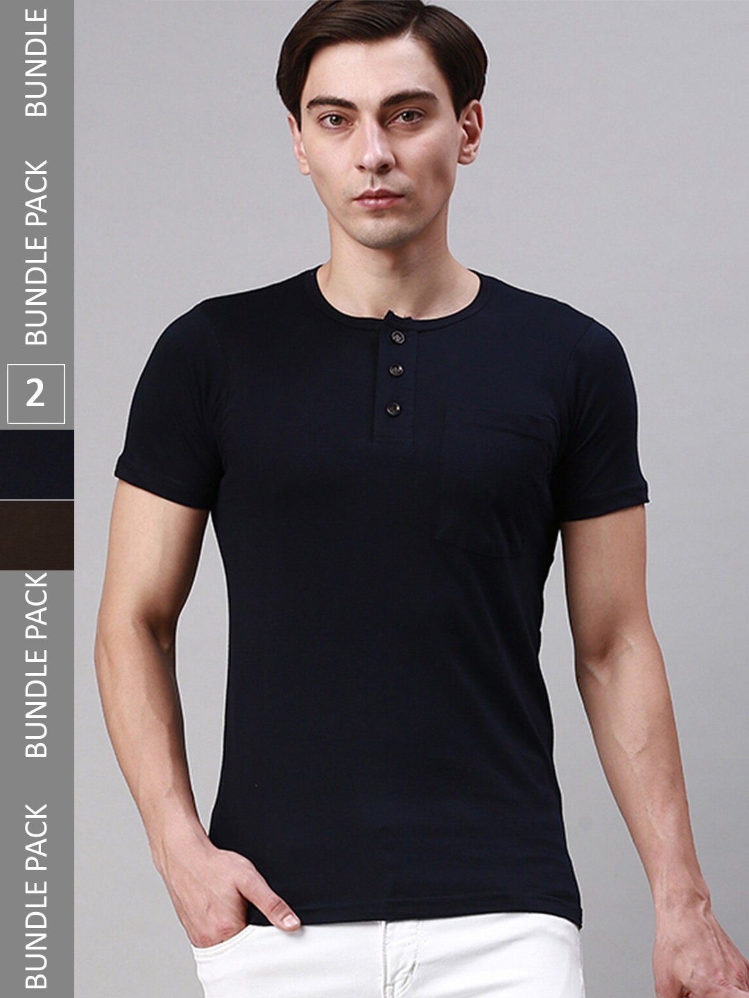 

Lux Cozi Pack Of 2 Henley Neck Cotton T-shirt, Navy blue