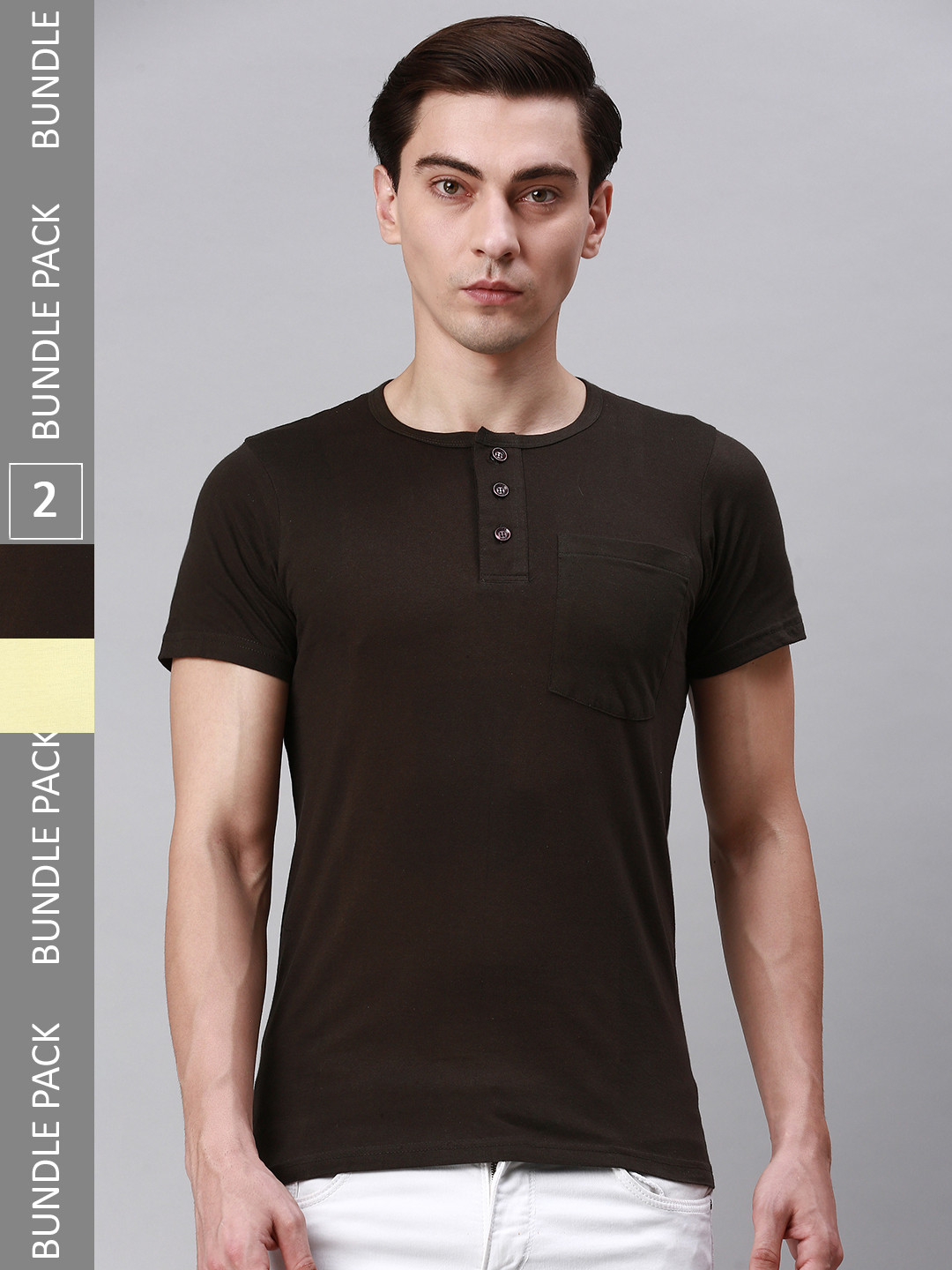 

Lux Cozi Pack Of 2 Henley Neck Knitted Cotton T-Shirts, Coffee brown