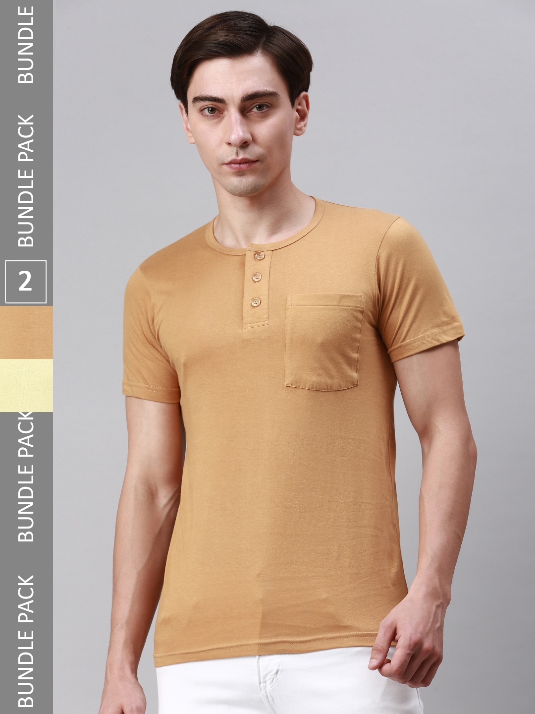 

Lux Cozi Pack Of 2 Henley Neck Cotton T-shirts, Mustard