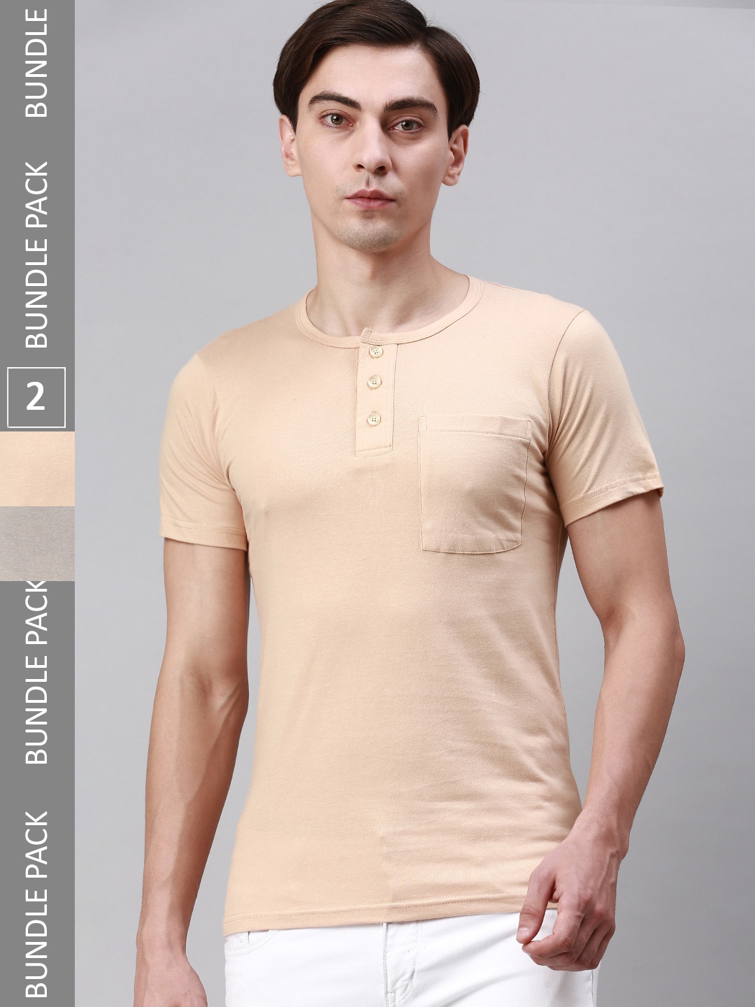

Lux Cozi Pack Of 2 Henley Neck Cotton T-shirts, Beige