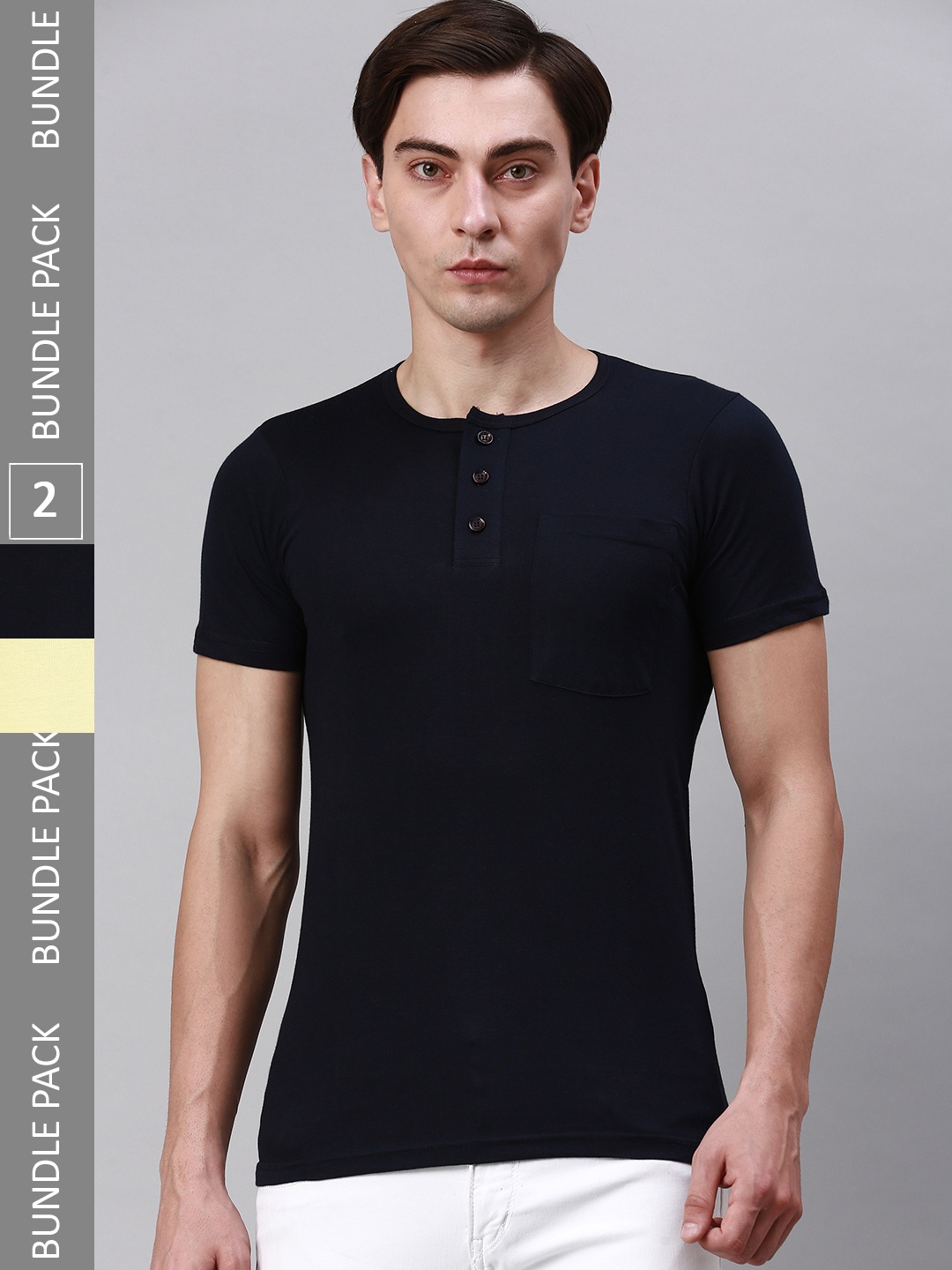 

Lux Cozi Pack Of 2 Henley Neck Cotton T-shirt, Yellow