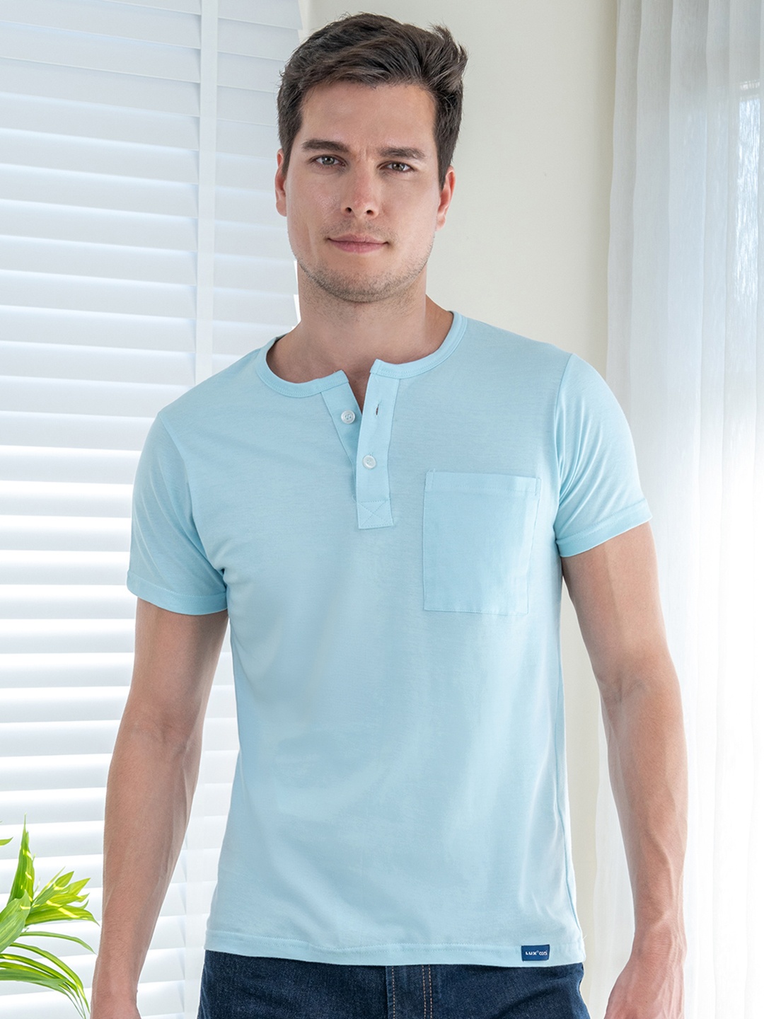 

Lux Cozi Henley Neck Cotton Slim Fit T-shirt, Sea green