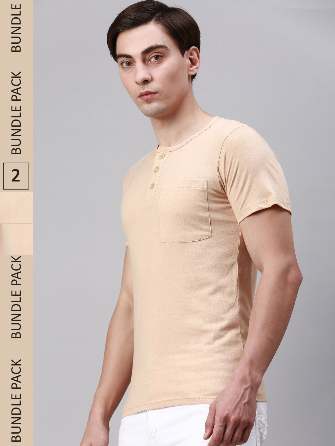 

Lux Cozi Pack Of 2 Henley Neck Cotton T-shirts, Beige