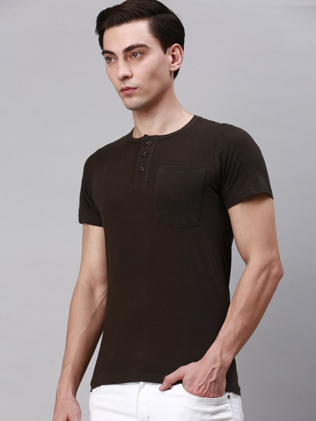 

Lux Cozi Henley Neck Cotton T-shirt, Coffee brown