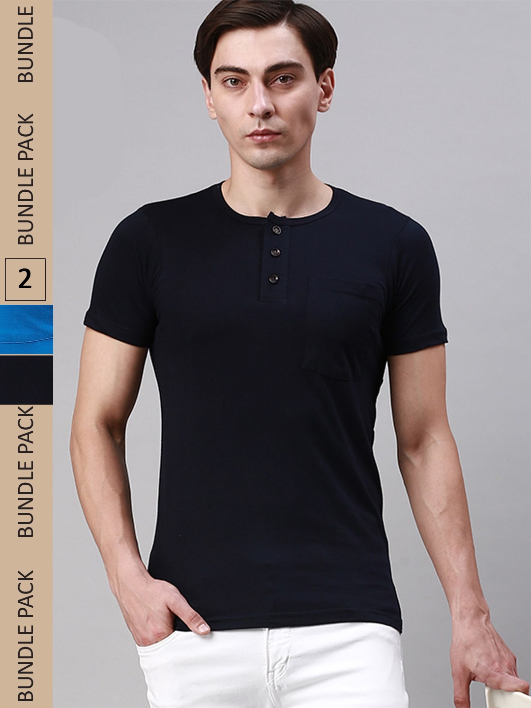 

Lux Cozi Pack Of 2 Henley Neck Cotton T-shirts, Black