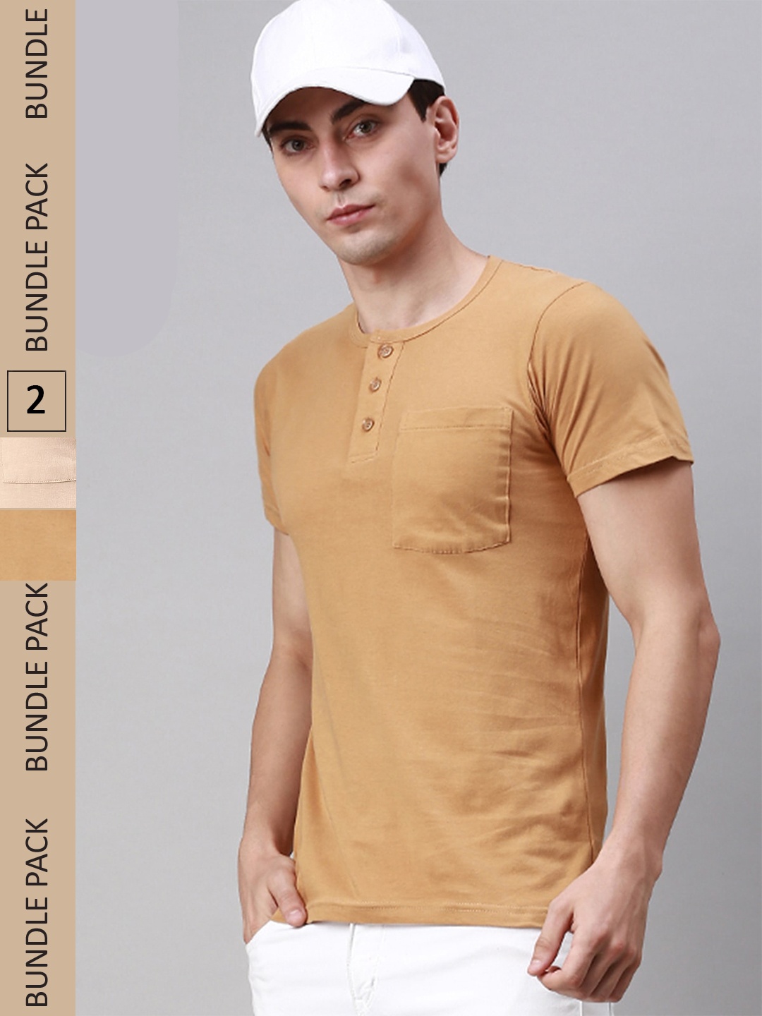 

Lux Cozi Pack Of 2 Henley Neck Cotton T-shirt, Tan