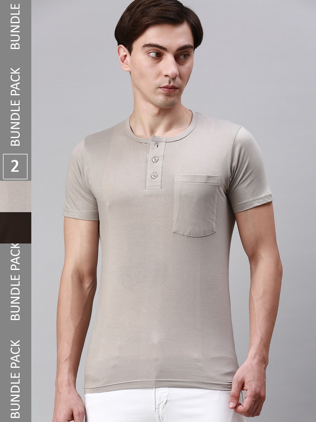 

Lux Cozi Pack Of 2 Henley Neck Cotton T-shirt, Brown