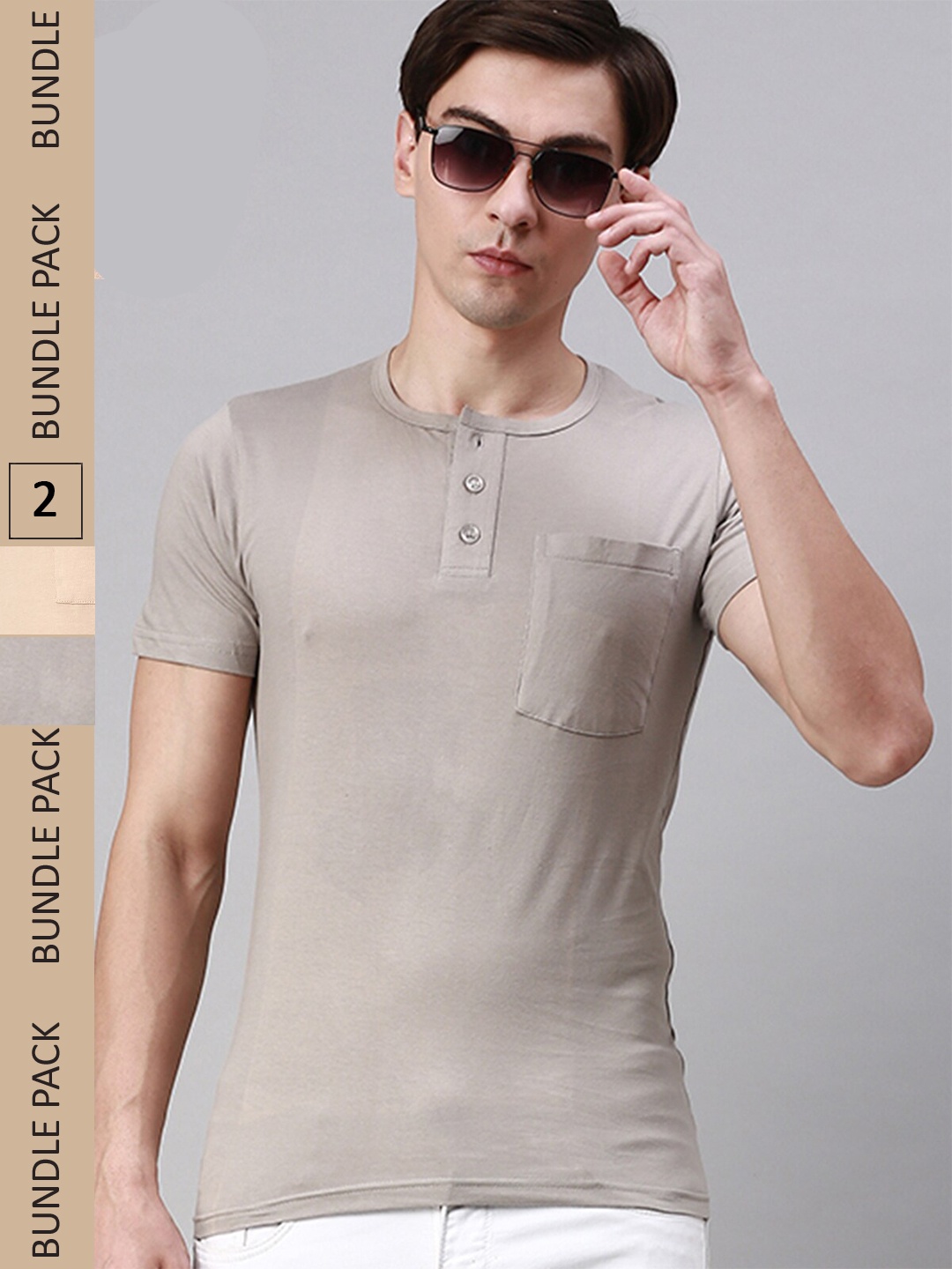 

Lux Cozi Pack of 2 Henley Neck Cotton T-shirt, Beige