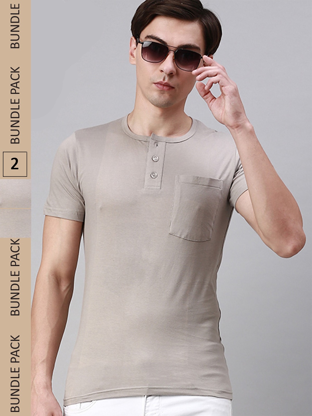 

Lux Cozi Pack Of 2 Henley Neck Cotton T-shirt, Grey