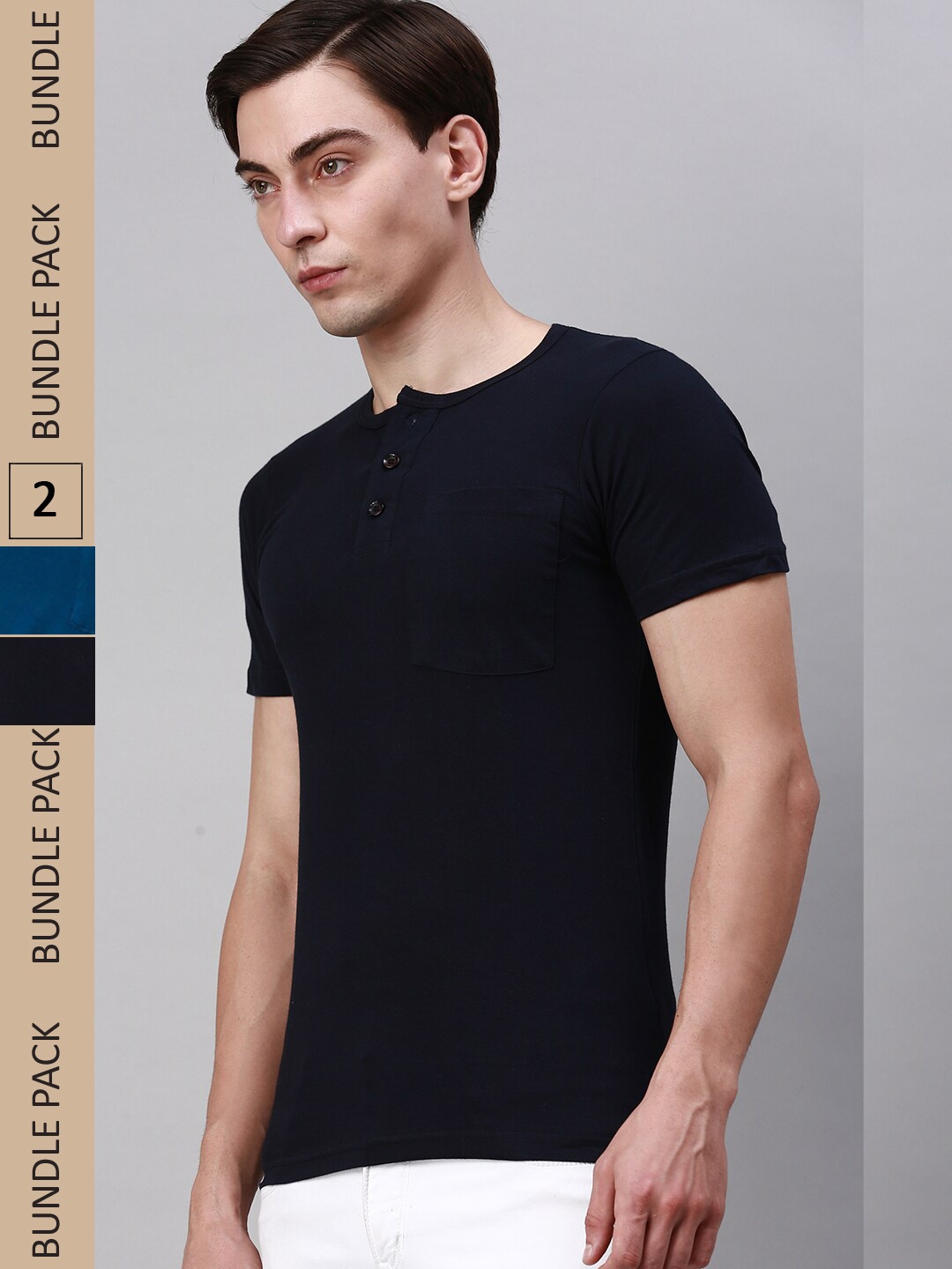 

Lux Cozi Pack Of 2 Henley Neck Cotton T-shirts, Black