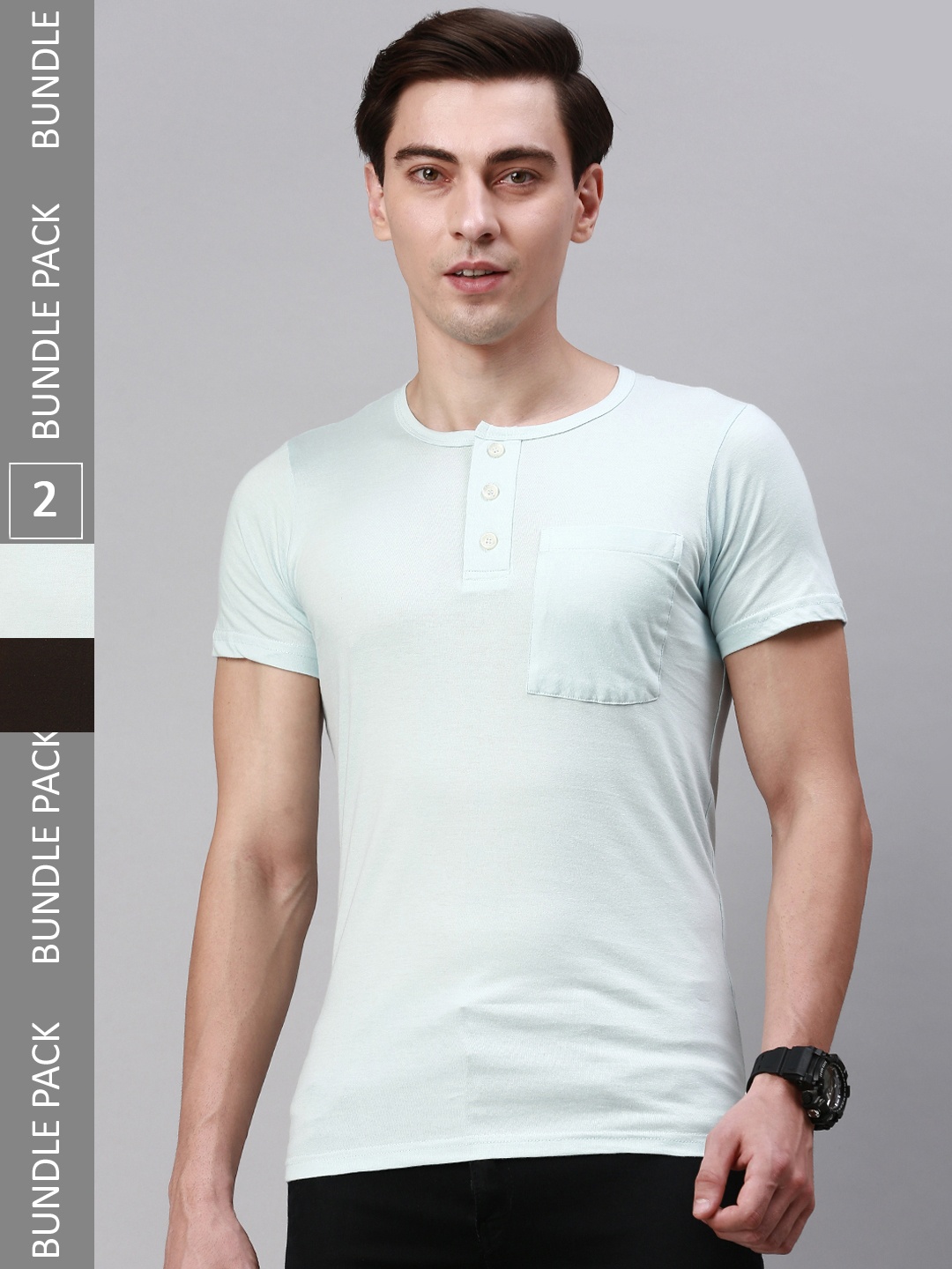 

Lux Cozi Pack Of 2 Henley Neck Cotton T-shirt, Sea green
