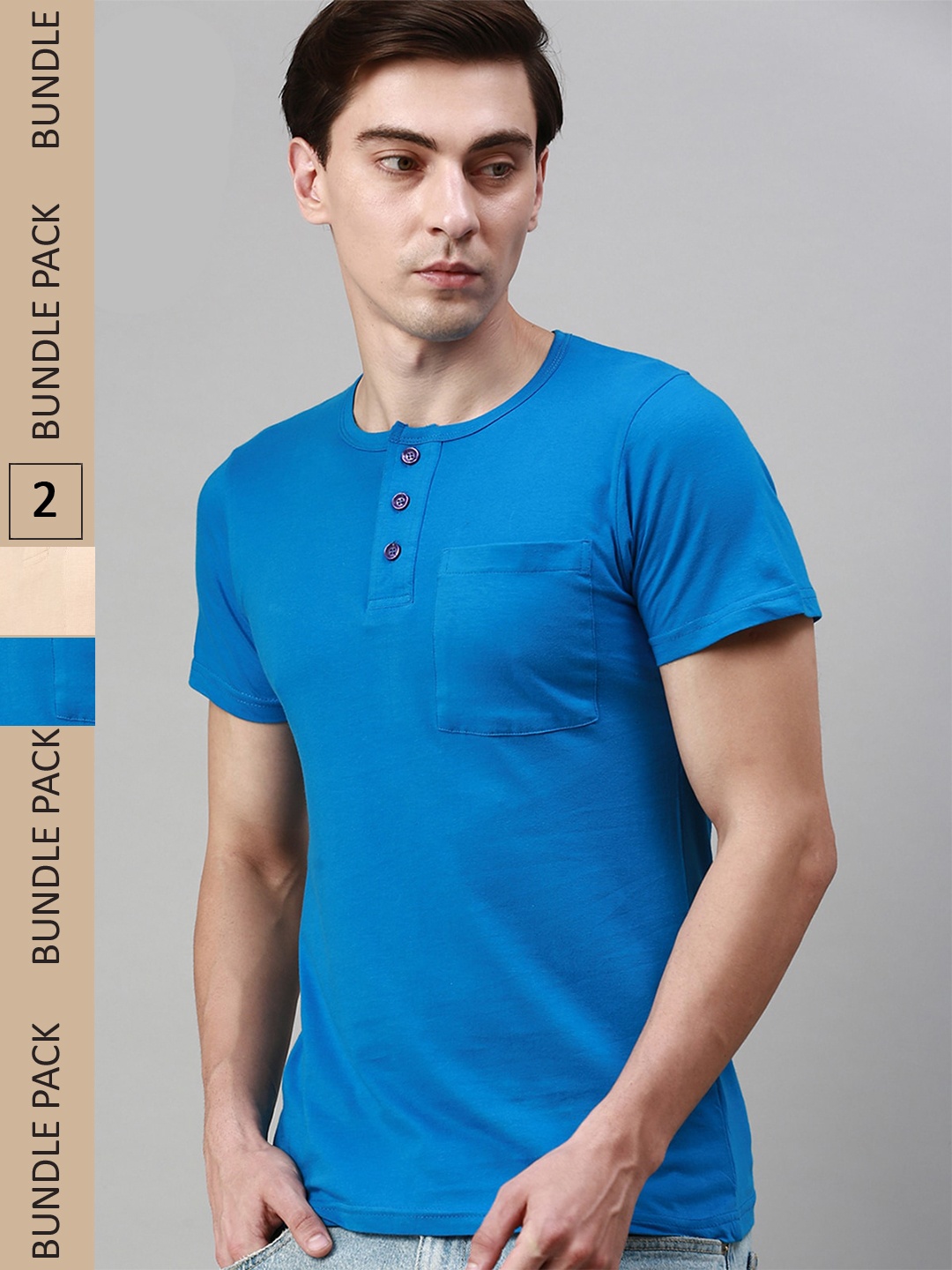 

Lux Cozi Pack Of 2 Henley Neck Cotton Slim Fit T-shirt, Blue