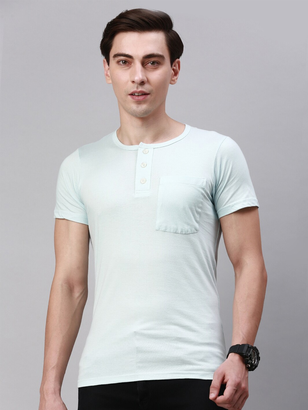 

Lux Cozi Henley Neck Cotton T-shirt, Blue