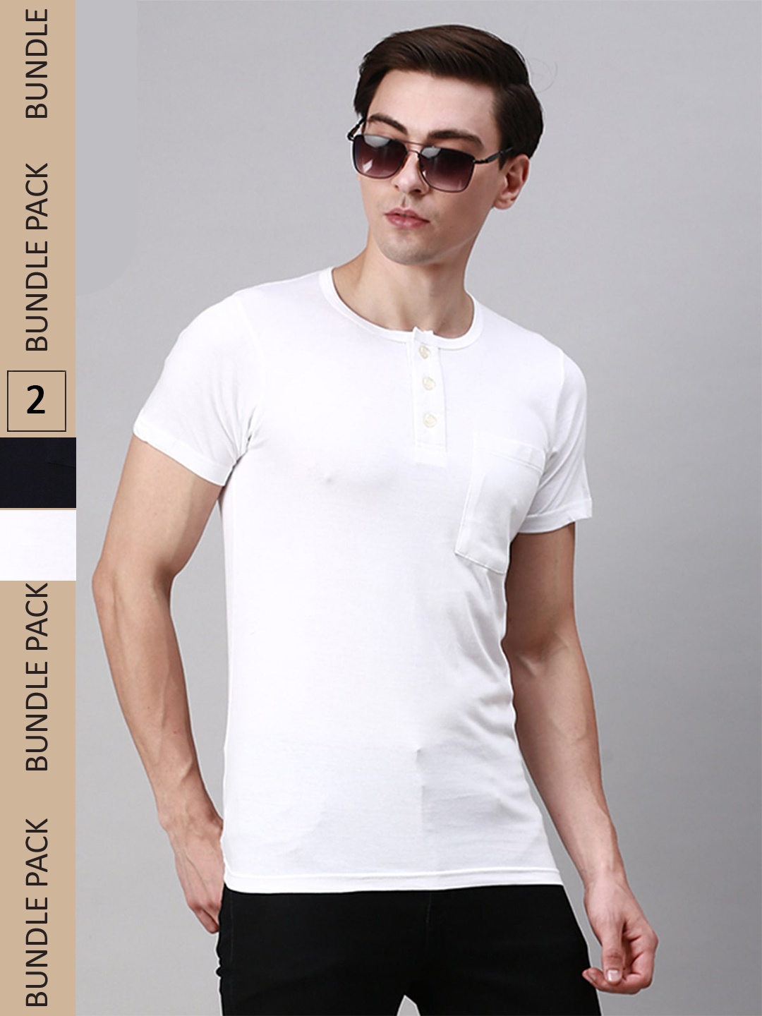 

Lux Cozi Pack Of 2 Henley Neck Cotton T-shirt, Navy blue