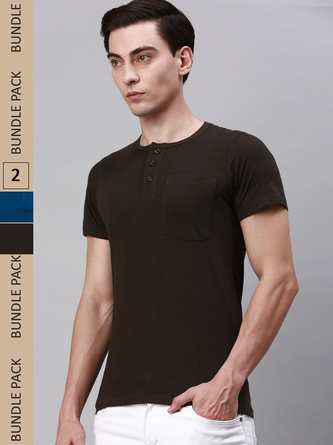 

Lux Cozi Pack Of 2 Henley Neck Cotton T-shirt, Brown