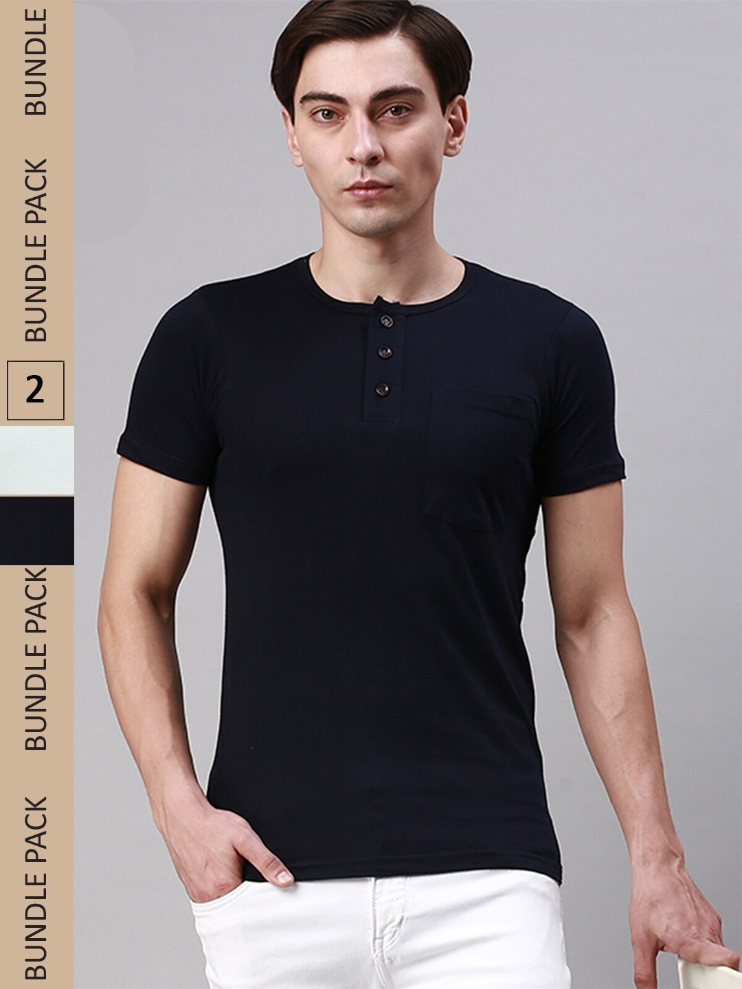 

Lux Cozi Men Pack Of 2 Henley Neck Cotton T-shirts, Navy blue