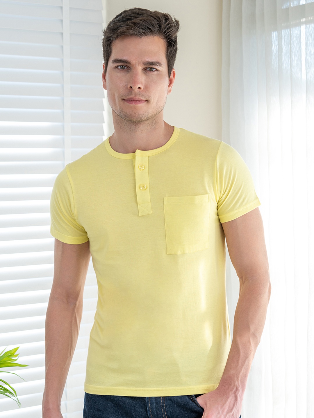 

Lux Cozi Henley Neck Cotton T-shirt, Yellow