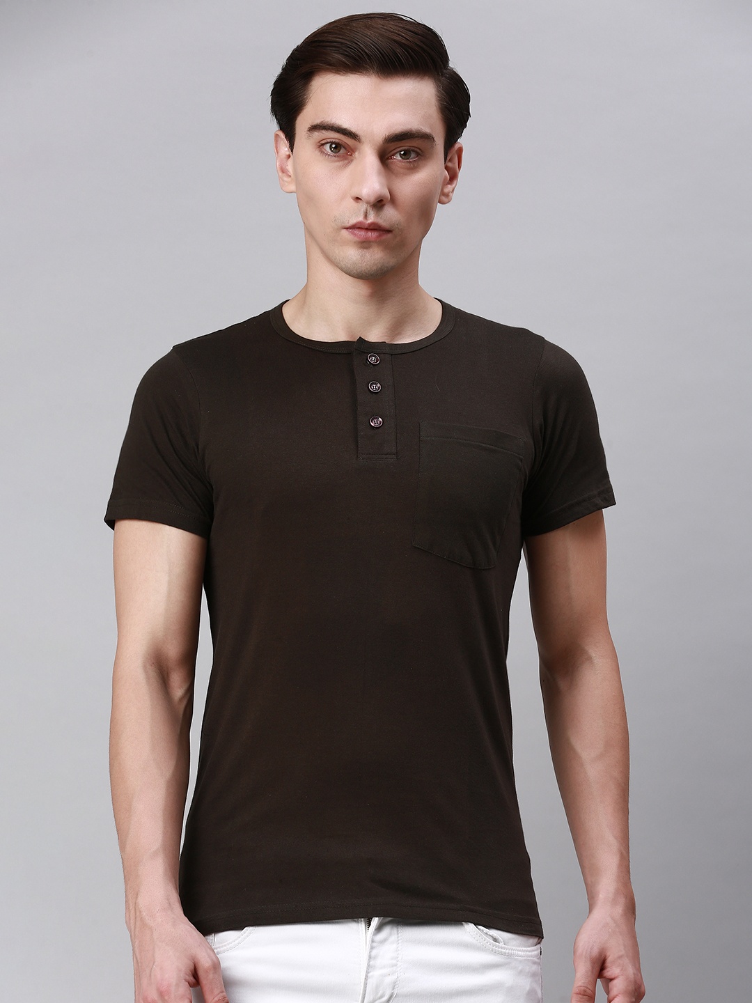 

Lux Cozi Henley Neck Cotton T-shirt, Coffee brown