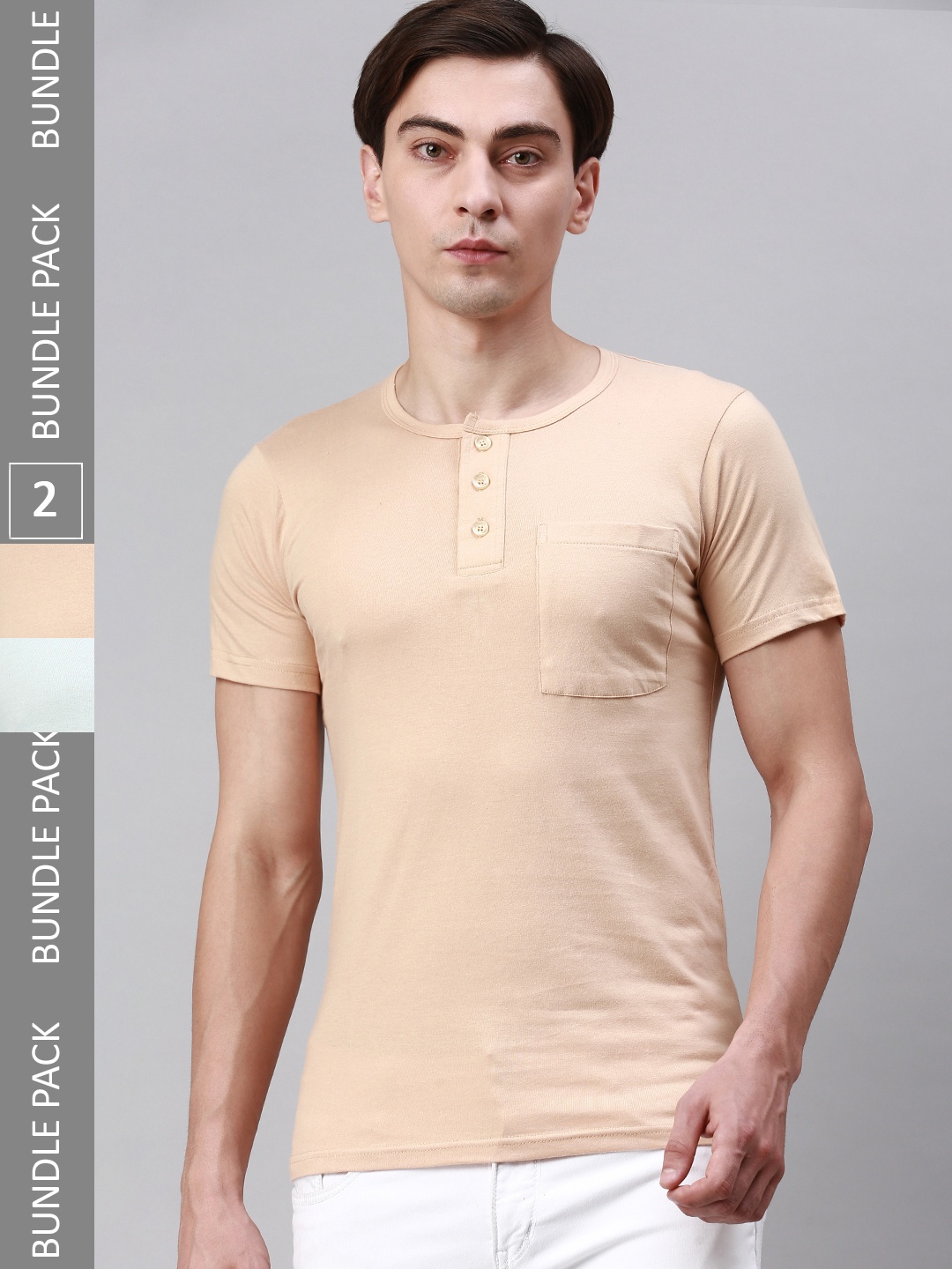 

Lux Cozi Pack Of 2 Henley Neck Cotton T-shirt, Beige