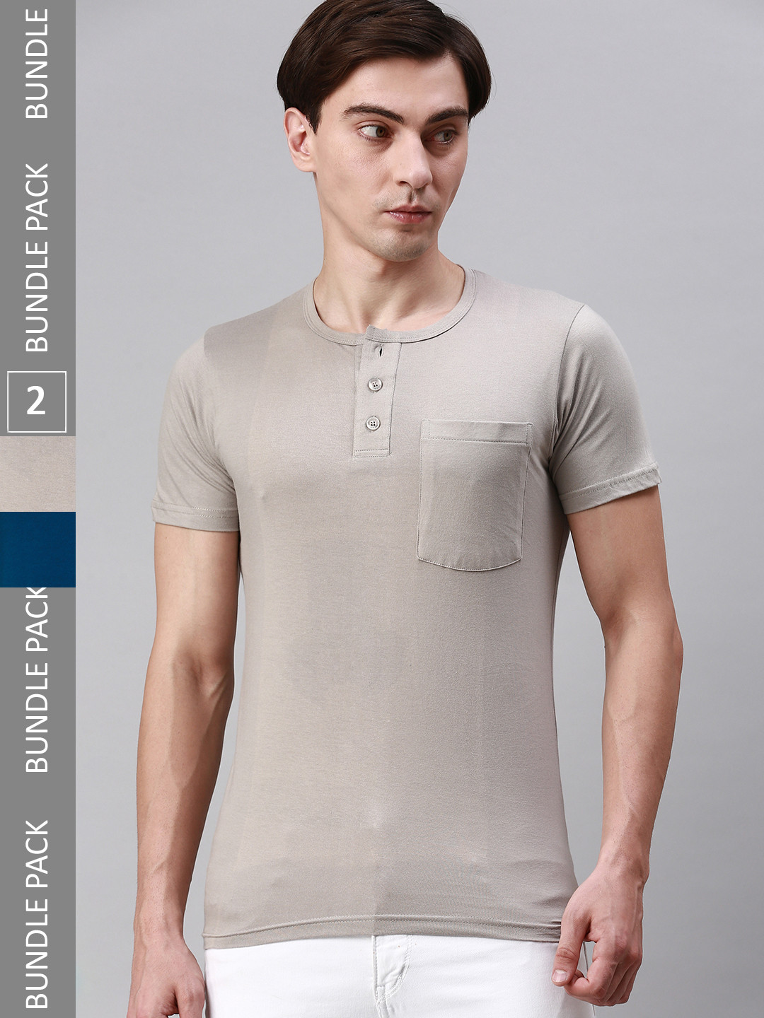 

Lux Cozi Pack Of 2 Henley Neck Cotton T-shirt, Grey