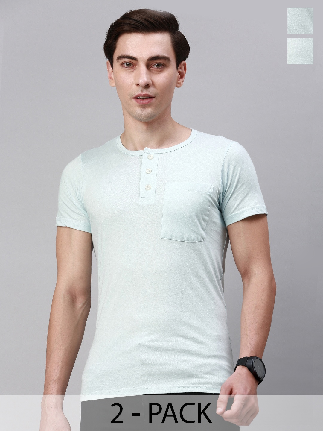 

Lux Cozi Pack Of 2 Henley Neck Pockets Cotton Regular T-shirt, Blue