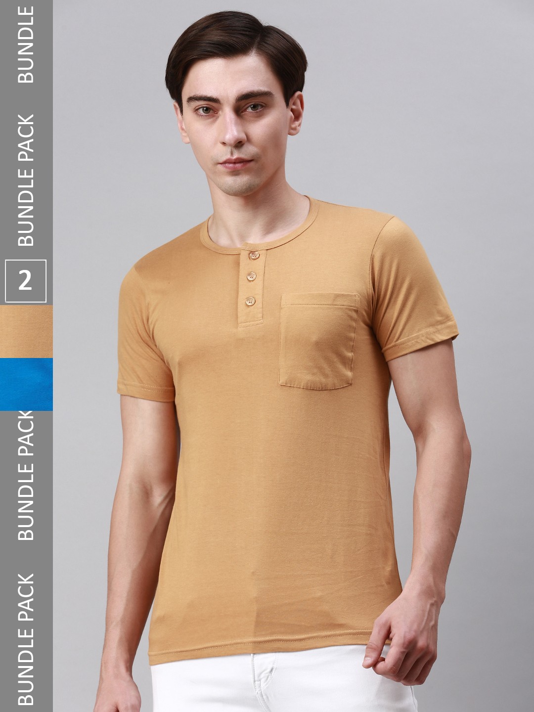 

Lux Cozi Men Pack Of 2 Cotton Henley Neck Pockets T-shirt, Blue