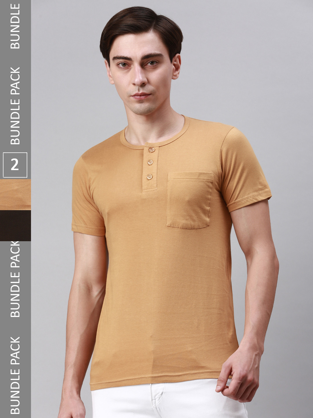 

Lux Cozi Pack Of 2 Henley Neck Cotton T-shirt, Brown