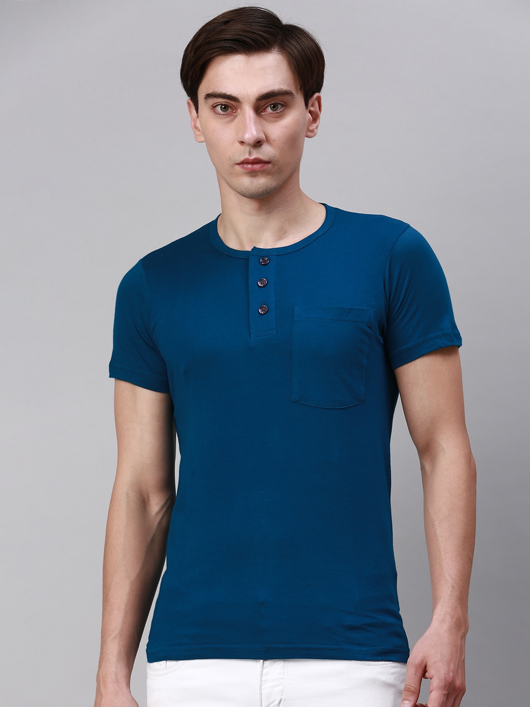 

Lux Cozi Men Henley Neck Pockets T-shirt, Blue