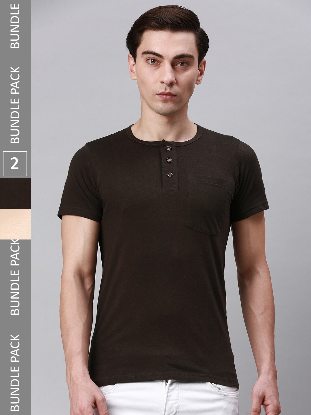 

Lux Cozi Pack Of 2 Henley Neck Knitted Cotton T-Shirts, Coffee brown