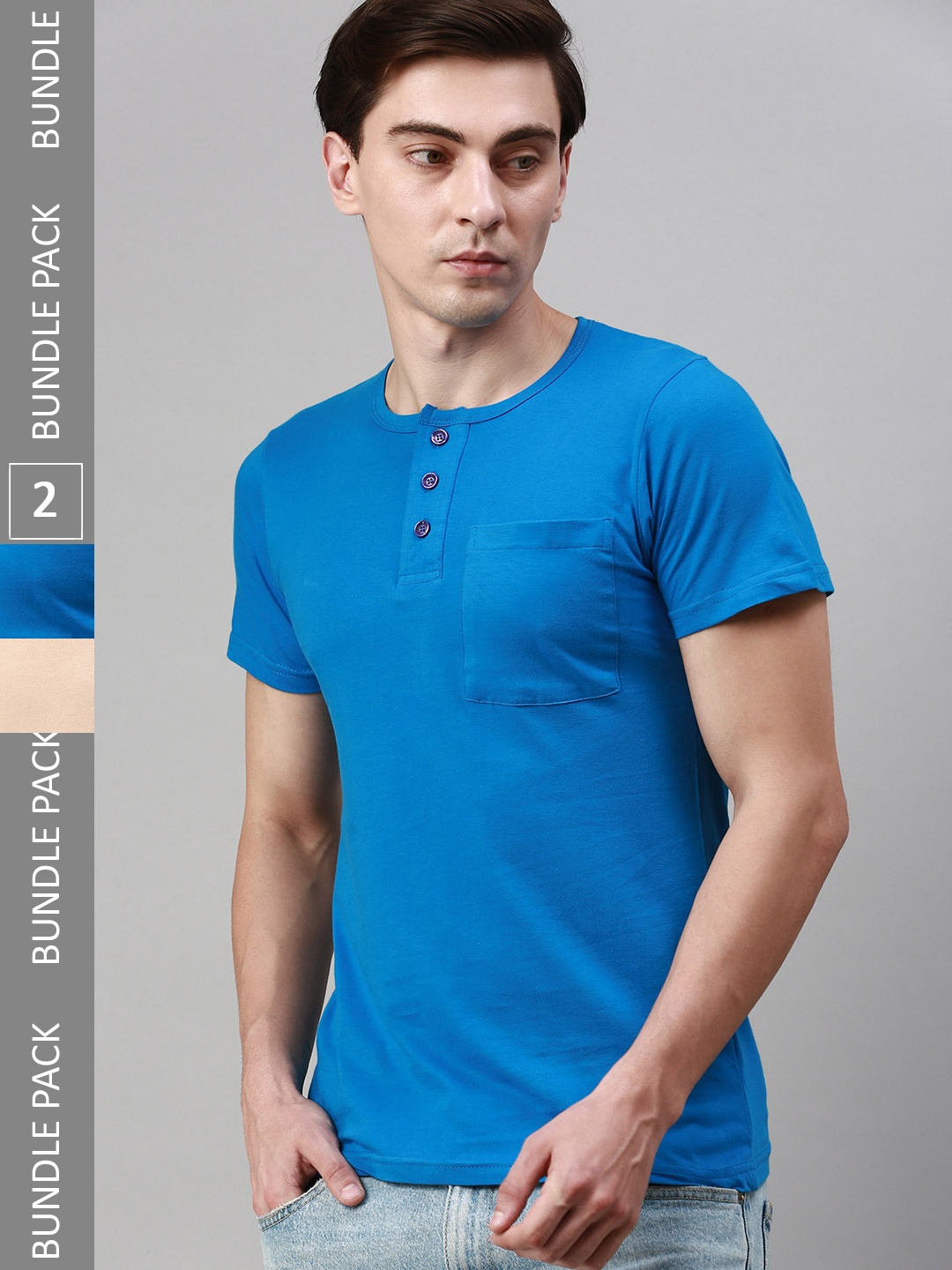

Lux Cozi Pack Of 2 Henley Neck Cotton T-shirt, Beige