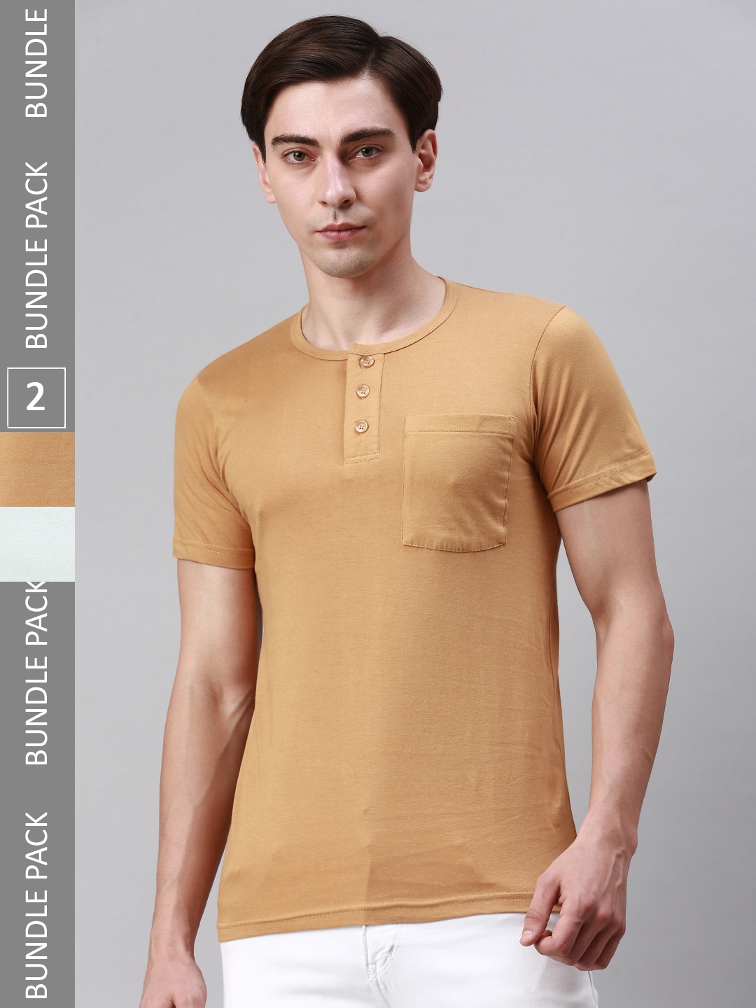 

Lux Cozi Pack Of 2 Henley Neck Cotton T-shirt, Tan