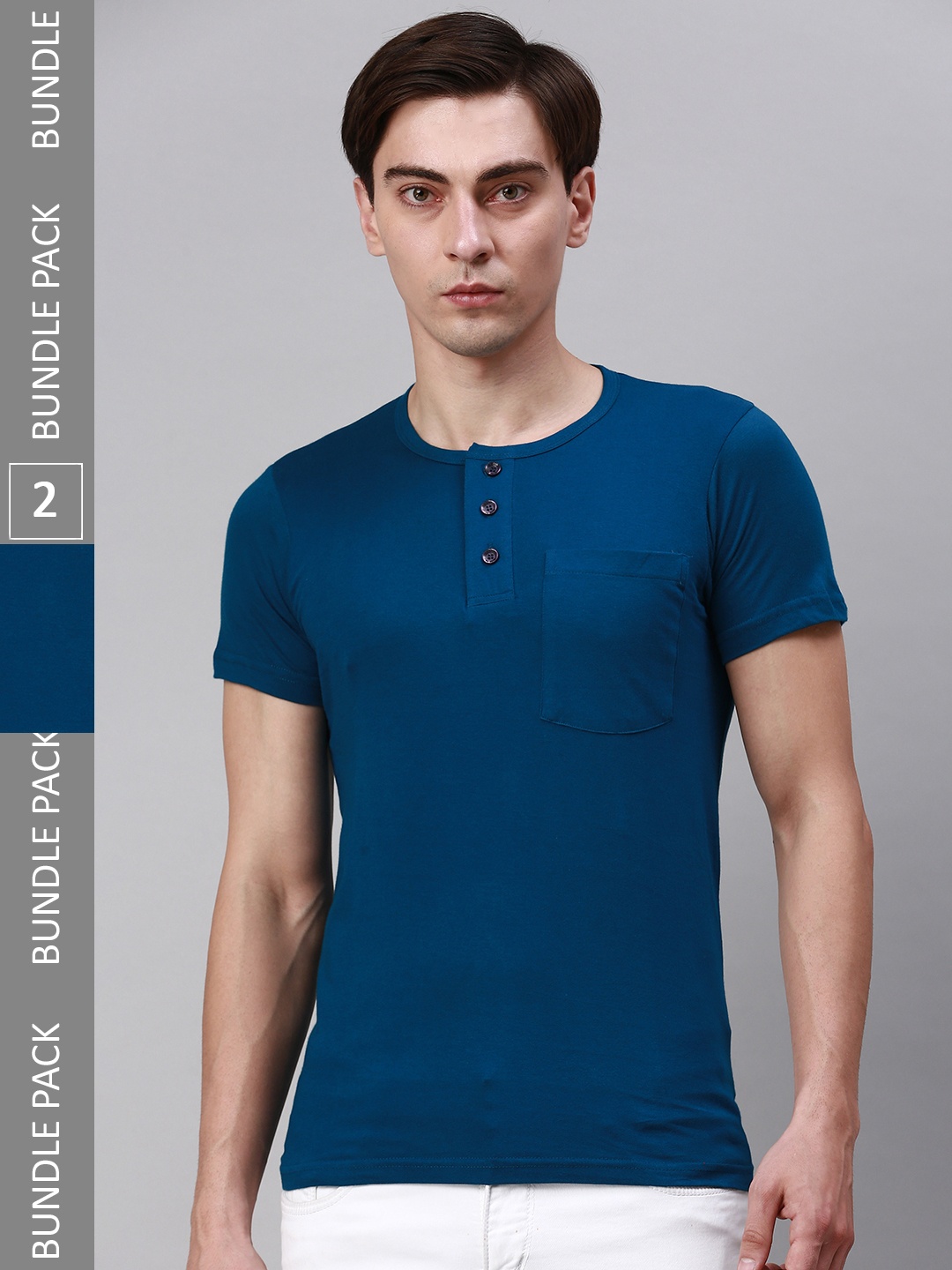 

Lux Cozi Pack Of 2 Henley Neck Cotton T-shirts, Navy blue