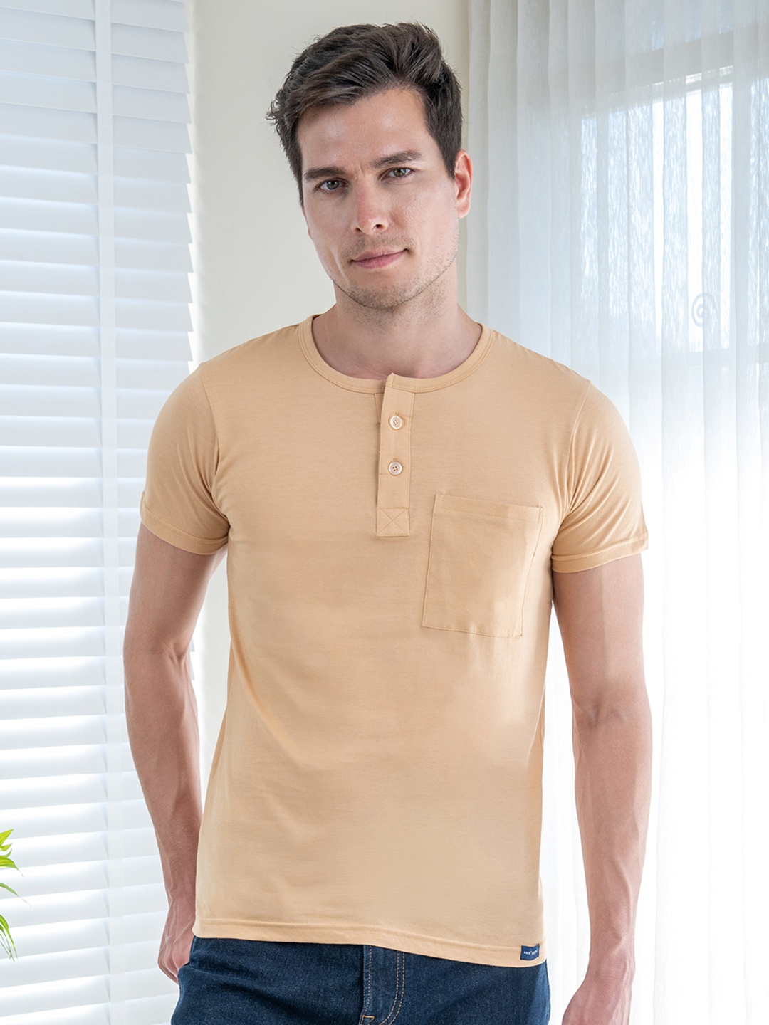 

Lux Cozi Henley Neck Casual Cotton T-shirt, Beige