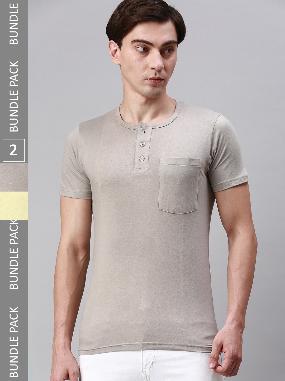 

Lux Cozi Pack Of 2 Slim Fit Henley Neck Cotton T-shirts, Grey