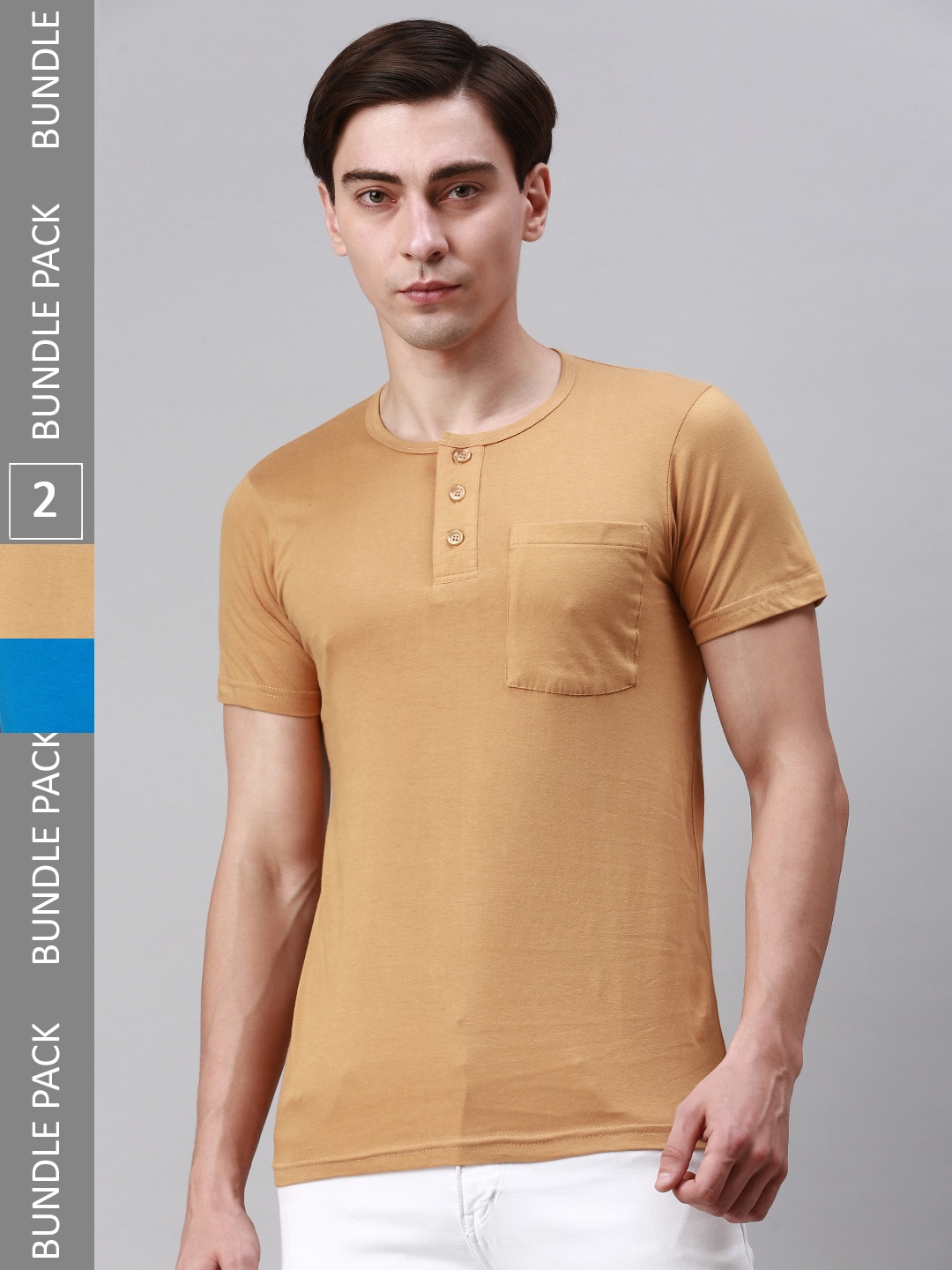 

Lux Cozi Pack Of 2 Henley Neck Pockets Cotton T-shirt, Blue
