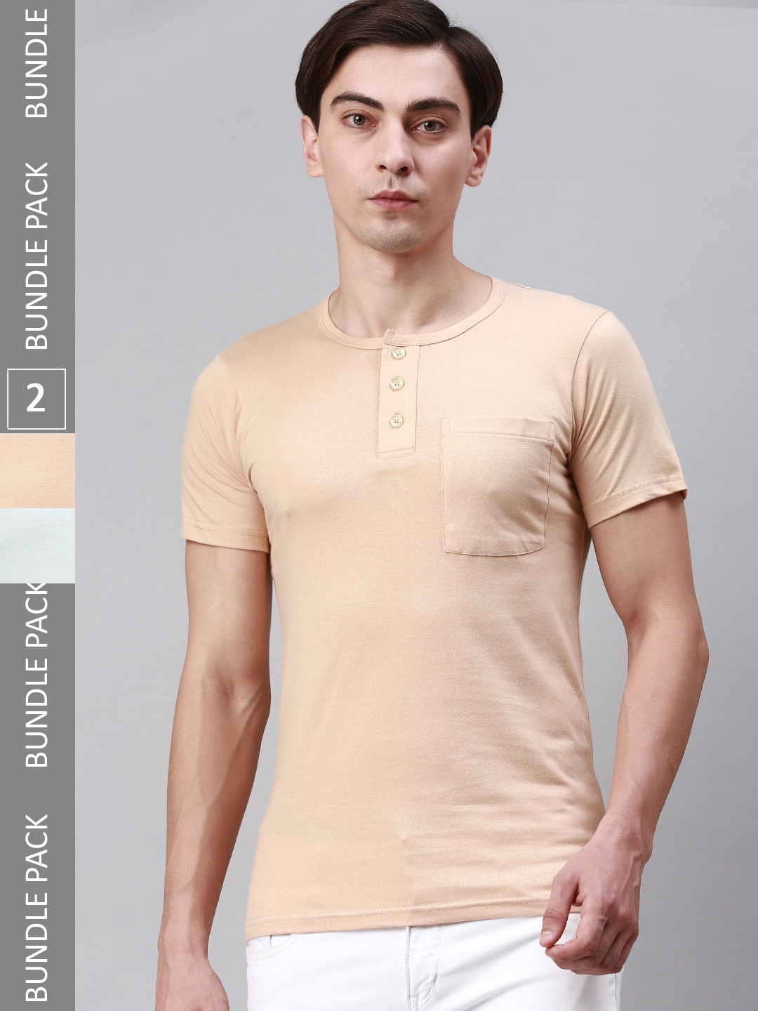 

Lux Cozi Pack Of 2 Henley Neck Cotton T-Shirts, Beige